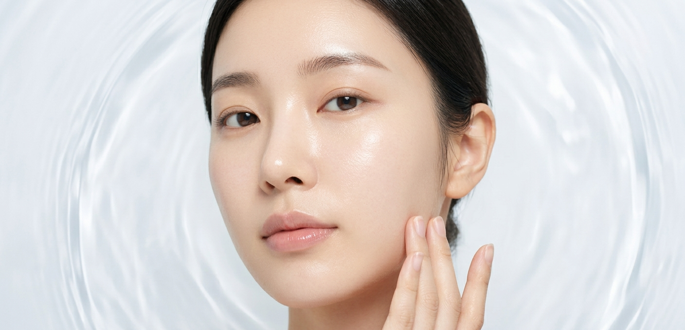 Close-up of a woman with radiant, clear "glass skin" representing the results of a Korean skincare routine.